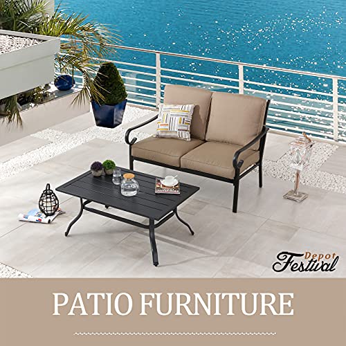 Festival Depot 2 Pieces Outdoor Furniture Patio Conversation Set Bistro Loveseat with Seat and Back Thick Cushions and Metal Coffee Table with Slatted Steel Tabletop for Backyard Porch Balcony