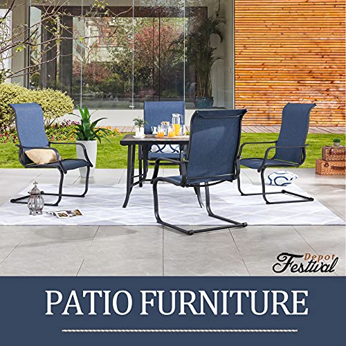 Festival Depot 5Pcs Patio Dining Set of 4 High Back Chairs with Textilene Fabric and 1 Square Metal Table with Wood-Like DPC Tabletop and Curved Steel Legs for Backyard Deck Garden