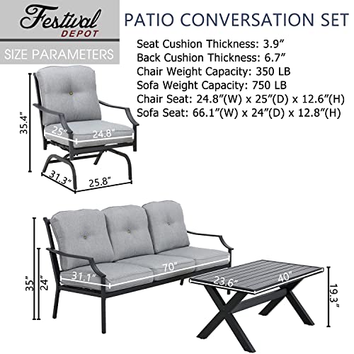 Festival Depot 4 Pieces Patio Conversation Set Outdoor Furniture Set (3-Seats Loveseat, 2 Armchairs and 1 Coffee Table) with Metal Frame and Cushions for Garden Poolside Backyard Deck