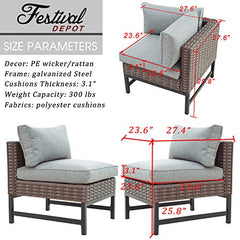 Festival Depot 3 Pieces Patio Sectional Corner Sofa Set Outdoor All-Weather Wicker Metal Chairs with Seating Back Cushions Garden Poolside (Gray)