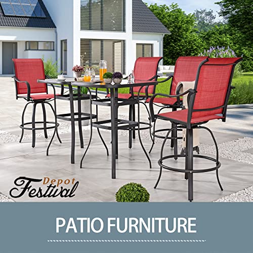 Festival Depot 6-Piece Bar Bistro Patio Outdoor Dining Furniture Sets High Stools 360° Swivel Chairs with Slatted Steel Curved Armrest Square Coffee Side Table Tempered Glass Desktop 