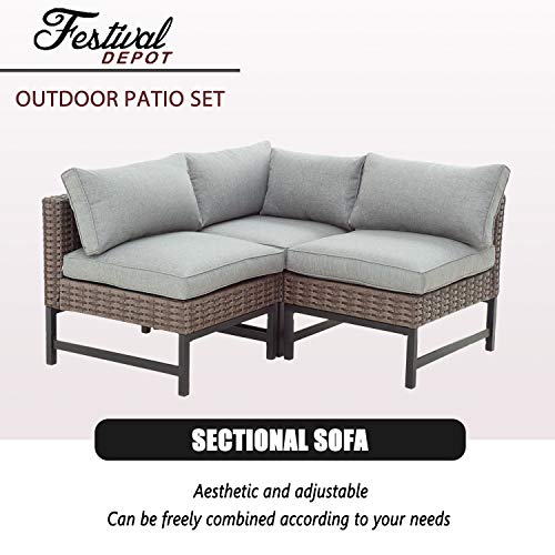 Festival Depot 3 Pieces Patio Sectional Corner Sofa Set Outdoor All-Weather Wicker Metal Chairs with Seating Back Cushions Garden Poolside (Gray) 
