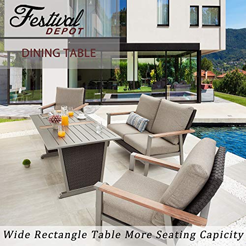 Festival Depot Patio Dining Table Rectangle Wicker Table in Metal Frame with Woven Rattan Outdoor Furniture for Pool Garden Deck