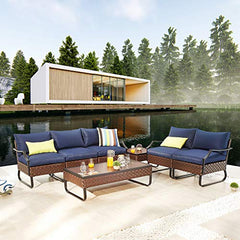 Festival Depot 7 Pieces Patio Conversation Sets Outdoor Furniture Loveseats Sectional Sofa with All-Weather PE Rattan Wicker Back Chair, Coffee Side Table and Soft Removable Couch Cushions(Blue)