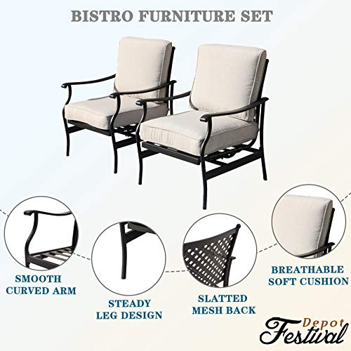 Festival Depot 2 of Outdoor Patio Bistro Armrest Chairs with Cushions Set Premium Fabric Metal Frame Furniture Set Garden Dining Seating Chair Thick & Soft Cushions