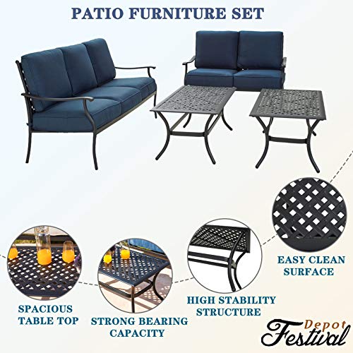 Festival Depot 4Pcs Outdoor Furniture Patio Conversation Set All Weather Black Metal Armchair Loveseat with Seat and Back Cushions, 3-Seating Chair, Rectangle Coffee Tables for Deck Lawn Garden
