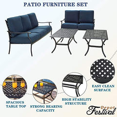 Festival Depot 4Pcs Outdoor Furniture Patio Conversation Set All Weather Black Metal Armchair Loveseat with Seat and Back Cushions, 3-Seating Chair, Rectangle Coffee Tables for Deck Lawn Garden