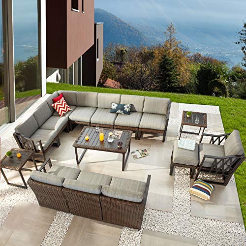 Festival Depot 15Pc Outdoor Furniture Patio Conversation Set Sectional Corner Sofa Chairs All Weather Wicker Ottoman Metal Frame Slatted Coffee Table with Thick Grey Seat Back Cushions Without Pillows 