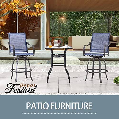 Festival Depot 3 Pcs Patio Bistro Bar Set High Stools Outdoor Furniture with 360° Swivel Armrest Chairs, Coffee Table with Tempered Glass Desktop, Metal Frame for Deck Poolside Garden Porch