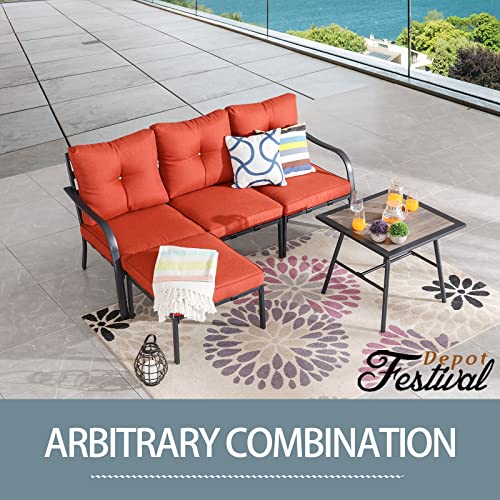 Festival Depot 5 Pcs Patio Conversation Set Sectional Sofa Chair Outdoor Furniture All-Weather Bistro Set with Left-arm&Right-arm Armless Chair Ottoman Side Table for Garden Porch Deck Backyard (Red)