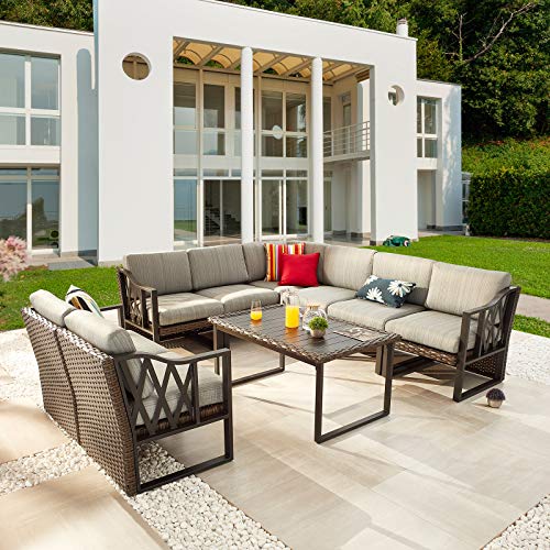Festival Depot 9pcs Outdoor Furniture Patio Conversation Set Sectional Corner Sofa Chairs All Weather Brown Rattan Wicker Slatted Coffee Table with Grey Thick Seat Back Cushions, Black 