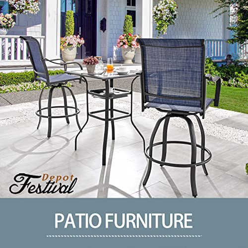 Festival Depot 3 Pcs Patio Bistro Bar Set High Stools Outdoor Furniture with 360° Swivel Armrest Chairs, Coffee Table with Tempered Glass Desktop, Metal Frame for Deck Poolside Garden Porch