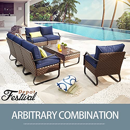 Festival Depot 4 Pieces Patio Furniture Set, All-Weather PE Rattan Wicker Metal Frame Sofa Outdoor Conversation Set Sectional Couch with Cushion and Coffee Table for Deck Poolside (Blue)
