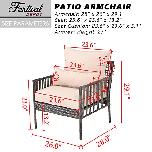 Festival Depot Patio Wicker Dining Chair, All-Weather Rattan Sectional Sofa Outdoor Furniture with Metal Frame Removable Seat & Back Cushion Pillow for Garden Pool Backyard Lawn (Beige)
