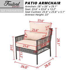 Festival Depot Patio Wicker Dining Chair, All-Weather Rattan Sectional Sofa Outdoor Furniture with Metal Frame Removable Seat & Back Cushion Pillow for Garden Pool Backyard Lawn (Beige)