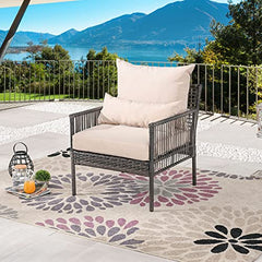 Festival Depot Patio Wicker Dining Chair, All-Weather Rattan Sectional Sofa Outdoor Furniture with Metal Frame Removable Seat & Back Cushion Pillow for Garden Pool Backyard Lawn (Beige)