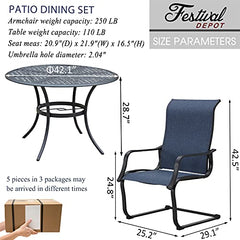 Festival Depot 5 Pieces Patio Dining Set of 4 High Back Chairs with Textilene Fabric and 1 Round Wrought Iron Table with 2.04" Umbrella Hole Outdoor Furniture for Backyard Deck Garden
