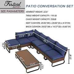 Festival Depot 7 Pieces Patio Furniture Set, All-Weather PE Rattan Wicker Metal Frame Sofa Outdoor Conversation Set Sectional Couch Corner Chair with Cushion Ottoman and Coffee Table for Deck (Blue)