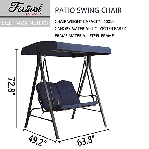 Festival Depot 2-Seats Outdoor Patio Swing Chair with Adjustable Convertible Canopy Hanging Furniture, Removable Thick Cushions, Weather Resistant Steel Frame for Balcony Poolside Deck (Blue)