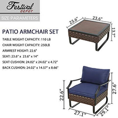 Festival Depot 3pc Bistro Outdoor Dining Furniture Patio Set Soft&Deep Cushion Wicker Rattan Chair with Curved Armrest Square Wood Grain Desktop Table with Side U Shaped Slatted Steel Leg All Weather