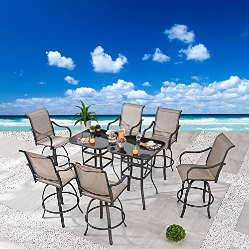 Festival Depot 8 Pcs Patio Dining Set Bar Height Stools Swivel Bistro Chairs with Armrest and Tempered Glass Top Table Metal Outdoor Furniture for Yard (6 Chairs,2 Table) (Taupe) 