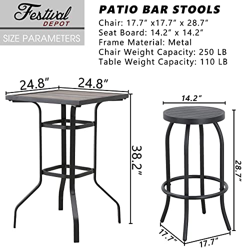 Sports Festival 5 Pcs Patio Bistro Height Set Outdoor Furniture, 4 Backless Bar Stool Chair with a Round Seat, Foot Pedals and Wooden Finish Desktop Metal Frame Steel Square Table for Deck Garden Lawn