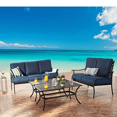 Festival Depot 4Pcs Outdoor Furniture Patio Conversation Set All Weather Black Metal Armchair Loveseat with Seat and Back Cushions, 3-Seating Chair, Rectangle Coffee Tables for Deck Lawn Garden
