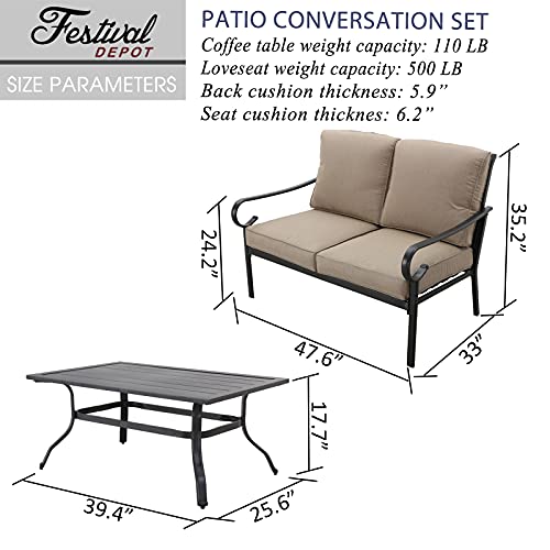 Festival Depot 2 Pieces Outdoor Furniture Patio Conversation Set Bistro Loveseat with Seat and Back Thick Cushions and Metal Coffee Table with Slatted Steel Tabletop for Backyard Porch Balcony