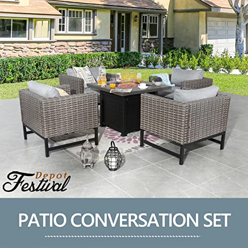 Sports Festival 5 Pcs Outdoor Fire Propane Pit Conversation Set, 4 Patio Dining X Wicker Armchair Chairs with Cushions Metal Frame and 34 inch 50000 BTU Auto-Ignition Square Propane Gas Fire Pit Table