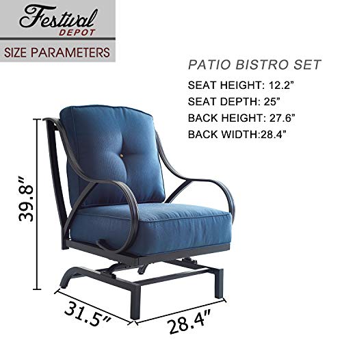 Festival Depot 2 of Outdoor Patio Dining Chairs with Blue Cushions Set Premium Fabric Metal Frame Furniture Set Garden Bistro Seating Chair Thick&Soft Cushions (2pc Dining Chairs) 