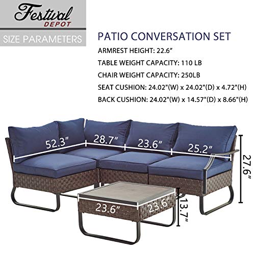 Festival Depot 5 Pieces Patio Conversation Sets Outdoor Furniture Sectional Corner Sofa with All-Weather PE Rattan Wicker Back Chair, Coffee Side Table and Soft Removable Couch Cushions (Blue)