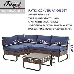 Festival Depot 5 Pieces Patio Conversation Sets Outdoor Furniture Sectional Corner Sofa with All-Weather PE Rattan Wicker Back Chair, Coffee Side Table and Soft Removable Couch Cushions (Blue)