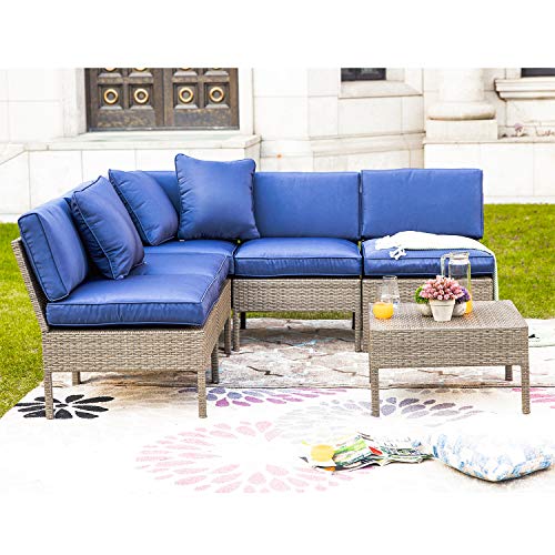 6 Piece Blue Cushioned PE Rattan Outdoor Sectional Sofa Set with Coffee Table