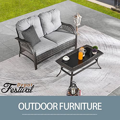 Festival Depot 2 Pieces Patio Bistro Set PE Wicker Loveseat with Tempered Glass Top Side Table Outdoor Furniture Conversation Set (Brown Wicker, Grey Cushion)