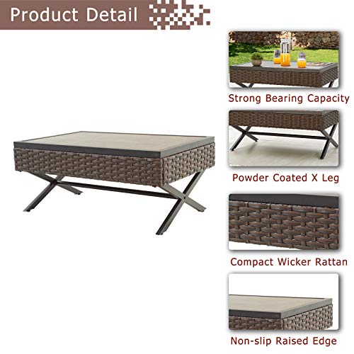 Festival Depot 8pcs Outdoor Furniture Patio Conversation Set Sectional Corner Sofa Chairs with X Shaped Metal Leg All Weather Brown Rattan Wicker Rectangle Coffee Table with Grey Seat Back Cushions