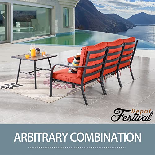 Festival Depot 5 Pcs Patio Conversation Set Sectional Sofa Chair Outdoor Furniture All-Weather Bistro Set with Left-arm&Right-arm Armless Chair Ottoman Side Table for Garden Porch Deck Backyard (Red)