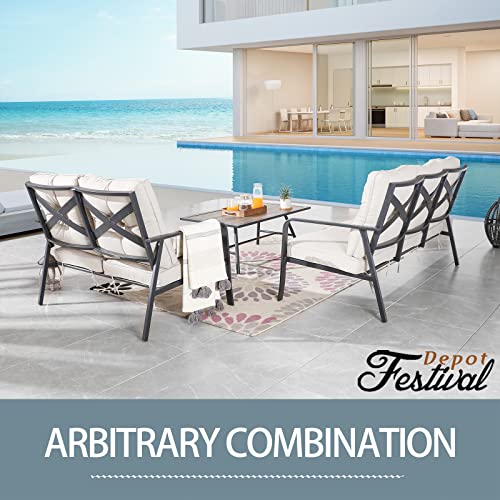 Festival Depot 3 Pcs Patio Bistro Sets Outdoor Arbitrary Combination Conversation Furniture with 1 3-Seats Sofa 1 Loveseat and 1 Coffee Table for Bar Indoor Home Garden Pool Porch (Beige)