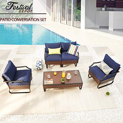Festival Depot 5-Piece Patio Dining Furniture Outdoor Armchair Combination Conversation Set All-Weather Coffee Table with U Shaped Steel Leg for Porch Lawn Garden Balcony Pool Backyard, Brown 
