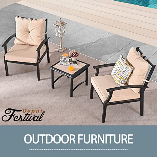 Festival Depot 3-Piece Patio Bistro Set Conversation Set Armchair Set with Side Coffee Table Outdoor Furniture with Hand-Woven Textilene Rope Backrest (Black Metal Frame with Beige Cushion)