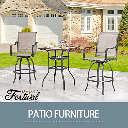 Festival Depot 3 Pcs Patio Bistro Bar Set High Stools Outdoor Furniture with 360° Swivel Armrest Chairs, Coffee Table with Tempered Glass Desktop, Metal Frame for Deck Poolside Garden Porch
