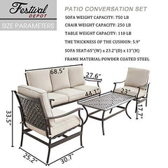Festival Depot 4 Pcs Conversation Sets 5 Seats Patio Outdoor Arm Chairs Loveseat Set with Coffee Table Fabric Metal Frame Furniture Garden Bistro Seating Thick Soft Cushion,