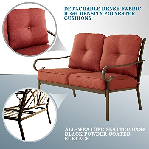 Festival Depot 4 Pieces Patio Conversation Set Loveseat Armchairs with Thick Cushions and Slatted Steel Top Coffee Table Metal Outdoor Furniture, Red 