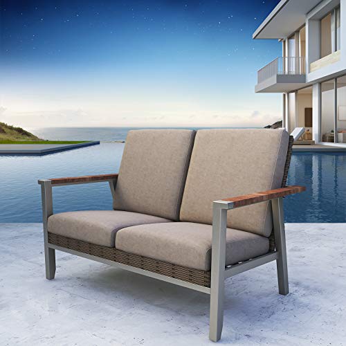 Festival Depot Patio Loveseat with Wicker Back and Thick Cushions Metal Frame Outdoor Furniture for Garden Deck Backyard, Dark Grey