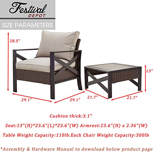 3-Piece Bistro Patio Conversation Set Soft & Deep Cushion Wicker Rattan Square Wood Grain Top Side Coffee Table