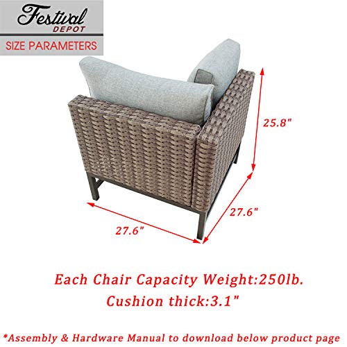 Festival Depot Dining Outdoor Patio Bistro Furniture Right Armrest Chair with Wicker Rattan Armrest Premium Fabric Comfort&Soft 3.1"Cushion with Metal Slatted Steel Leg for Garden Poolside All-Weather