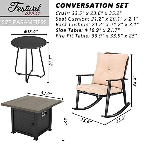 Festival Depot 7 Pieces Outdoor Fire Pit Table Set, Patio Conversation Set, Square Propane Gas Table, 4 PE Wicker Rocking Armchairs w/ Cushions and 2 Side Table Metal Furniture (Beige) 