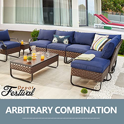 Festival Depot 7 Pieces Patio Furniture Set, All-Weather PE Rattan Wicker Metal Frame Sofa Outdoor Conversation Set Sectional Corner Couch with Cushion Ottoman and Coffee Table for Deck Poolside(Blue) 