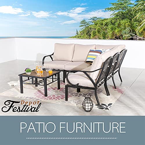 Festival Depot 6 Pcs Patio Conversation Set Sectional Corner Chair with Thick Cushions and Side Table All Weather Metal Outdoor Furniture for Deck Poolside, Beige 