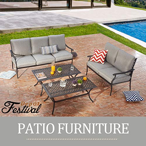 Festival Depot 4Pcs Outdoor Furniture Patio Conversation Set All Weather Black Metal Armchair Loveseat with Seat and Back Cushions, 3-Seating Chair, Rectangle Coffee Tables for Deck Lawn Garden