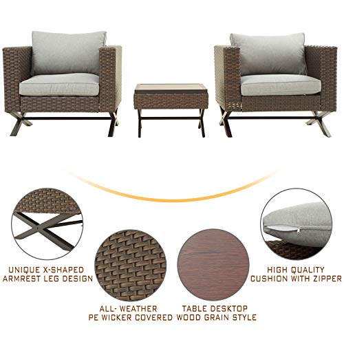 3-Piece Bistro Outdoor Conversation Set Wicker Rattan Armrest Chairs with Deep Cushion Square Wood Grain Top Side Coffee Table 